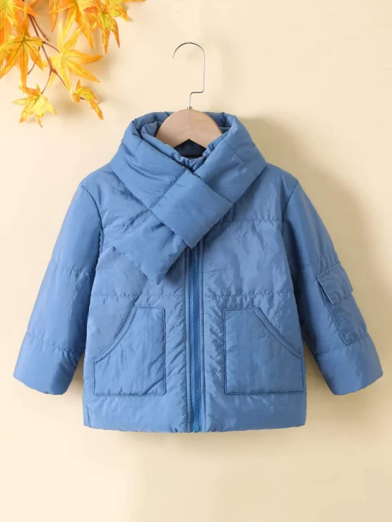Toddler Boys Solid Zip Up Winter Trench Coat With Scarf