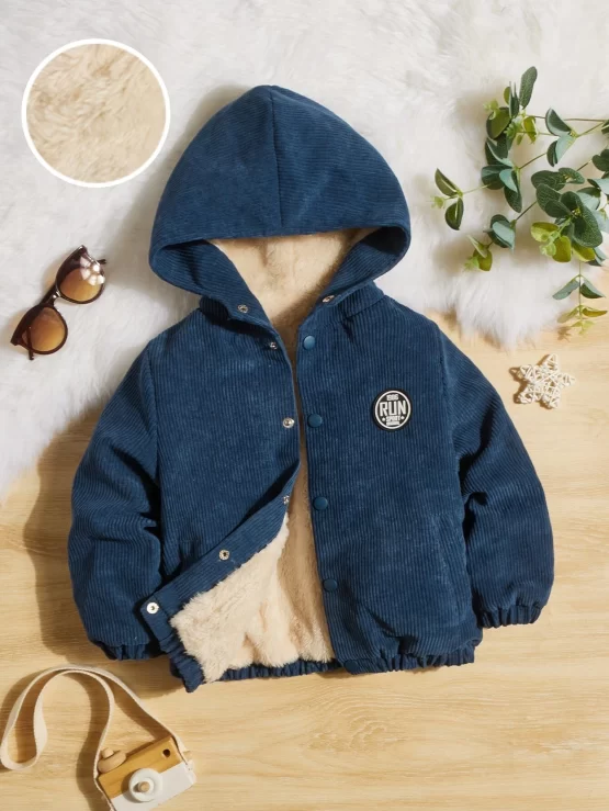 Toddler Boys Patched Detail Teddy Lined Corduroy Hooded Jacket