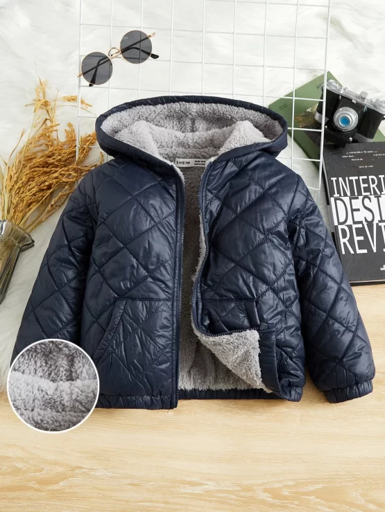 Toddler Boys Teddy Lined Zipper Quilted Hooded Coat