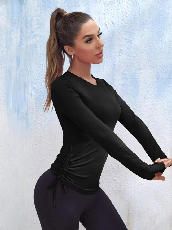 Breathable Softness Ruched Drawstring Marled Knit Sports Tee