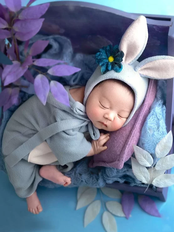 Newborn Two Tone Jumpsuit & 3D Ear Design Hat Print Photography Prop