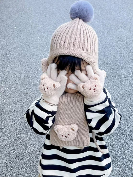 Toddler Kids Bear Decor Hat Beanie & Scarf & Gloves
