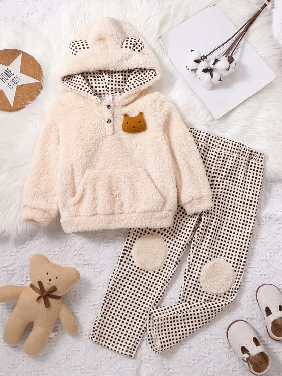 Toddler Boys 3D Ear Patched Kangaroo Pocket Teddy Hoodie & Gingham Pants