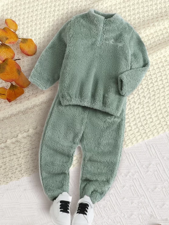 Toddler Boys Letter Embroidery Flannel Sweatshirt & Sweatpants