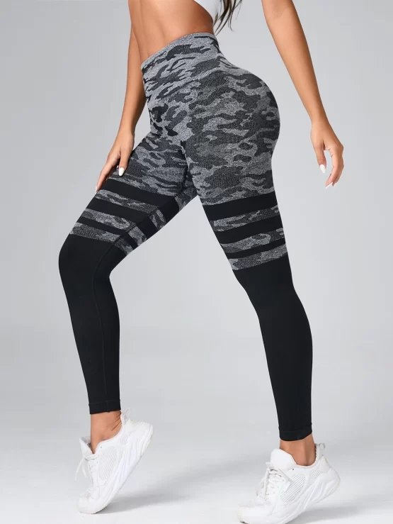 Camo & Striped Print Tummy Control Sports Leggings