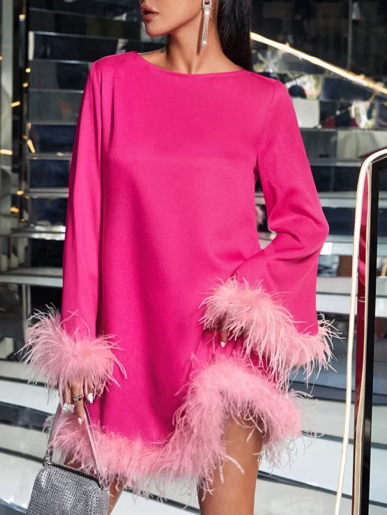 Fuzzy Contrast Faux Fur Tunic Trim Dress