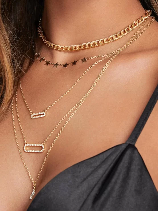 Rhinestone Decor Lighting & Geometric Charm Layered Necklace