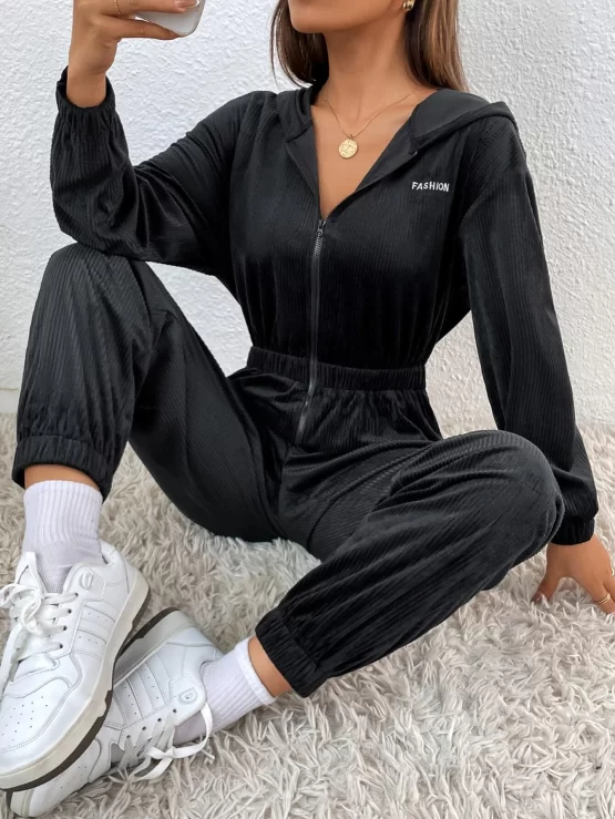 Letter Embroidery Drop Shoulder Zipper Hooded Sports Jumpsuit