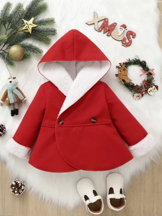 Baby Teddy Lined Double Button Pea Hooded Coat