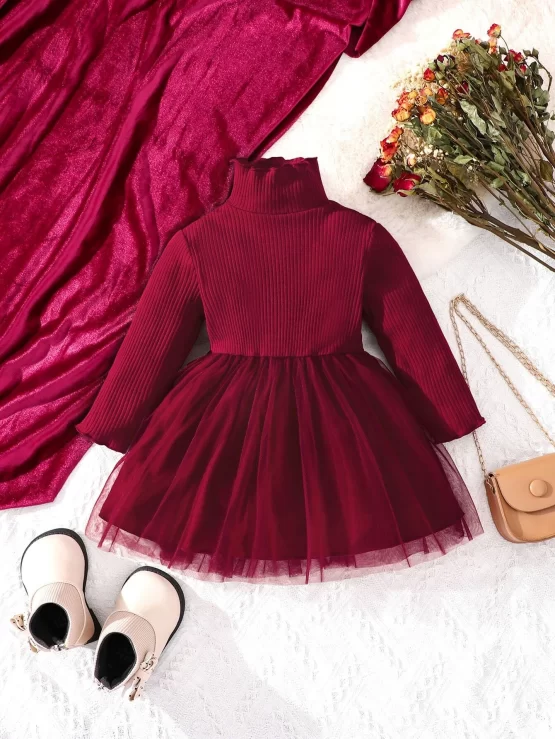 Baby High Neck Lettuce Trim Contrast Mesh Dress