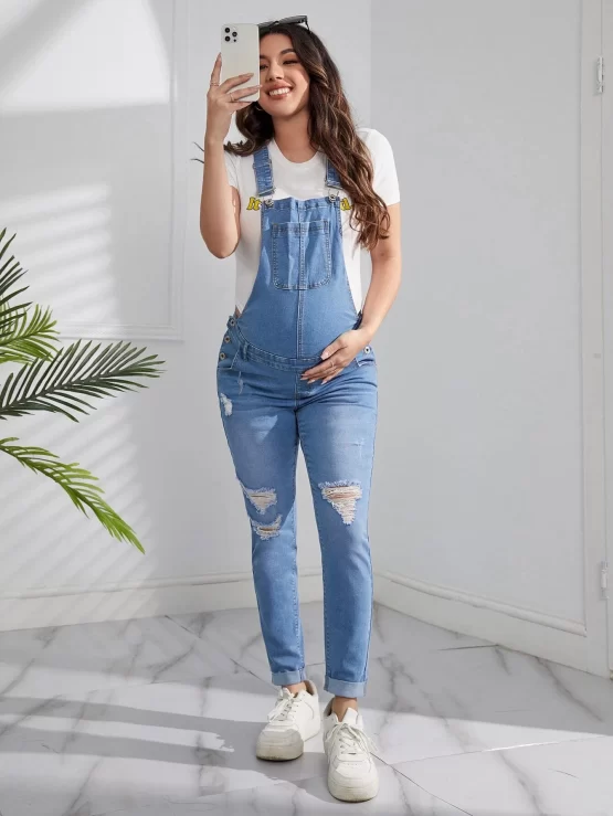 Maternity Patched Pocket Ripped Skinny Denim Overall