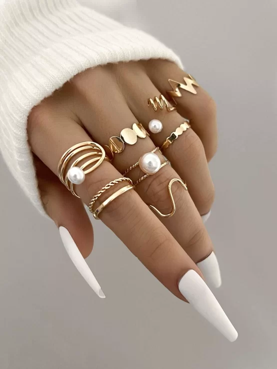 8 Pieces Round & Faux Pearls Decor Ring