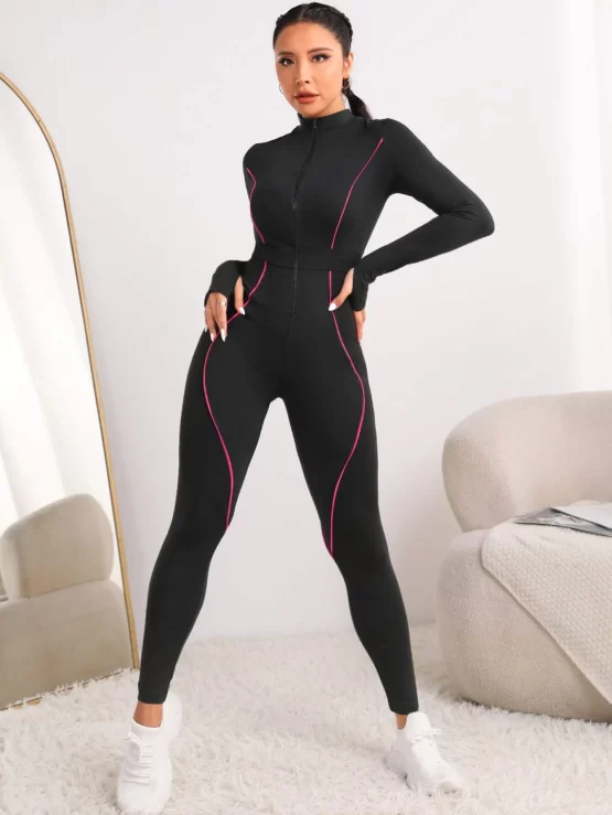 Zipper Front Contrast Stitch Sports Jumpsuit