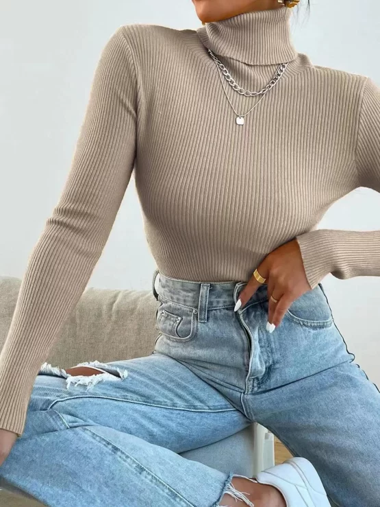 Turtleneck Ribbed Knit Sweater Without Necklace
