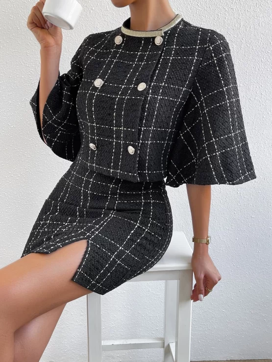 Plaid Print Double Breasted Jacket & Split Hem Skirt