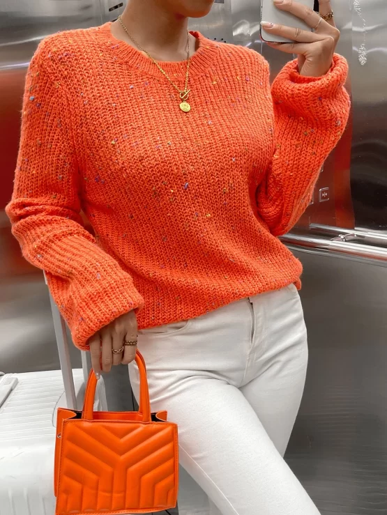 Round Neck Pullovers Marled Rib Knit Sweater