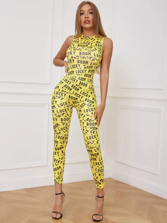 Letter Graphic Round Neck Unitard Leg Jumpsuit