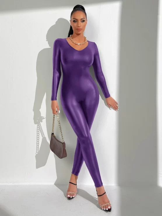 Zipper Back V Neck PU Unitard Leg Jumpsuit