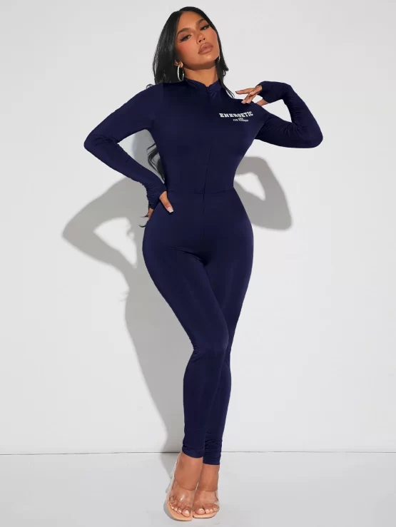 Letter Graphic Zipper Unitard Front Jumpsuit