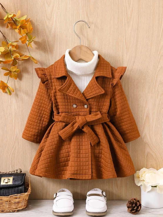 Baby Double Breasted Ruffle Trim Belted Button Coat Without Sweater