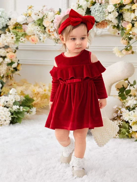 Baby Cold Shoulder Ruffle Velvet Trim Dress