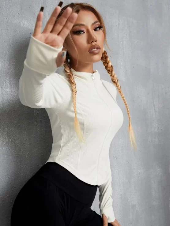 Collar Crop Plain Zipper Up Sports Jacket