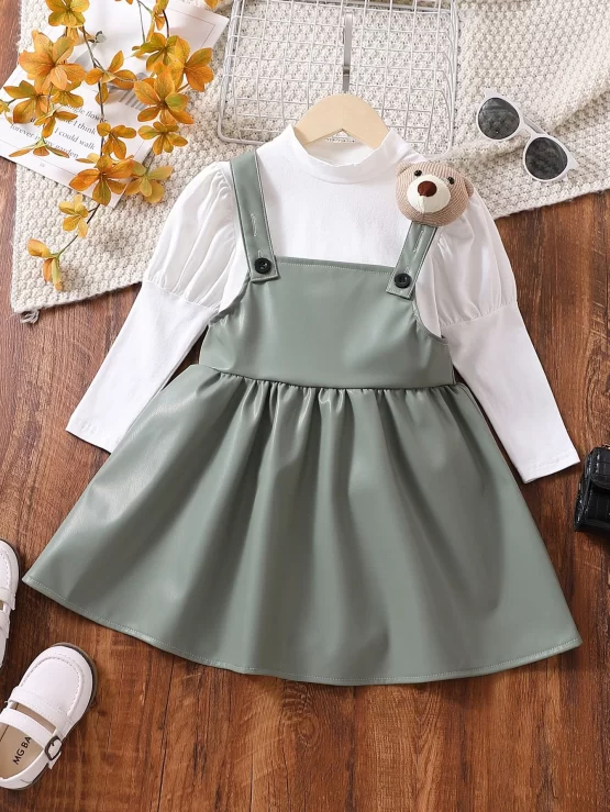 Toddler Girls Mock Neck Puff Sleeve Tee & Overall Dress