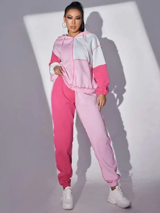 Color Block Top-stitching Drop Shoulder Drawstring Thermal Hoodie & Sweatpants