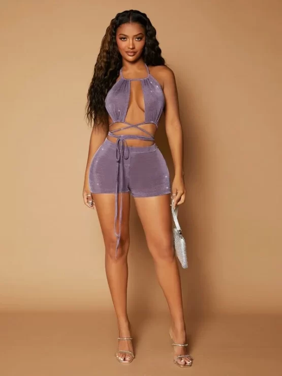 Glitter Lace Up Tie Back Crop Halter Top & Biker Shorts Set