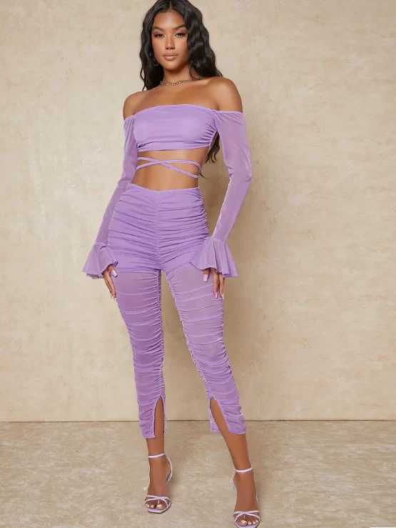 Off Shoulder Lace Up Back Flounce Sleeve Top & Ruched Pants