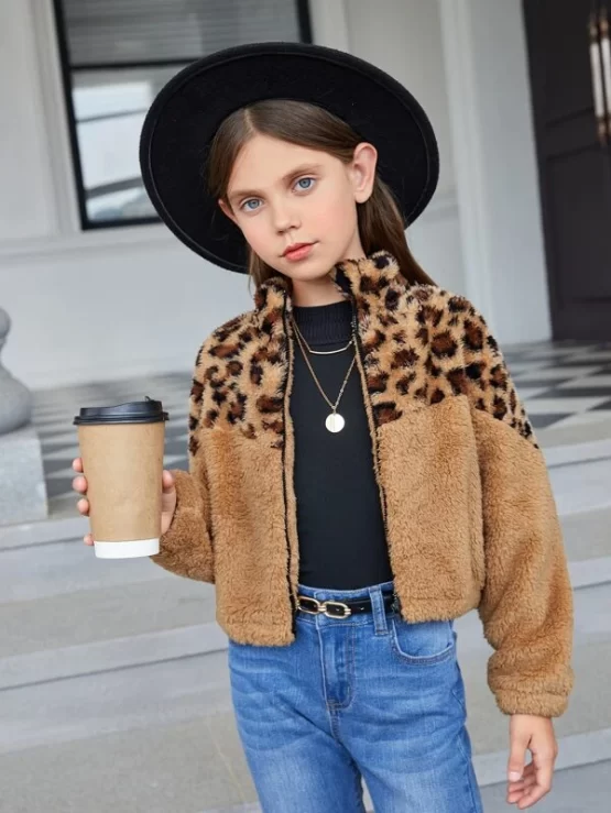 Girls Leopard Pattern Zip Up Flannel Teddy Jacket