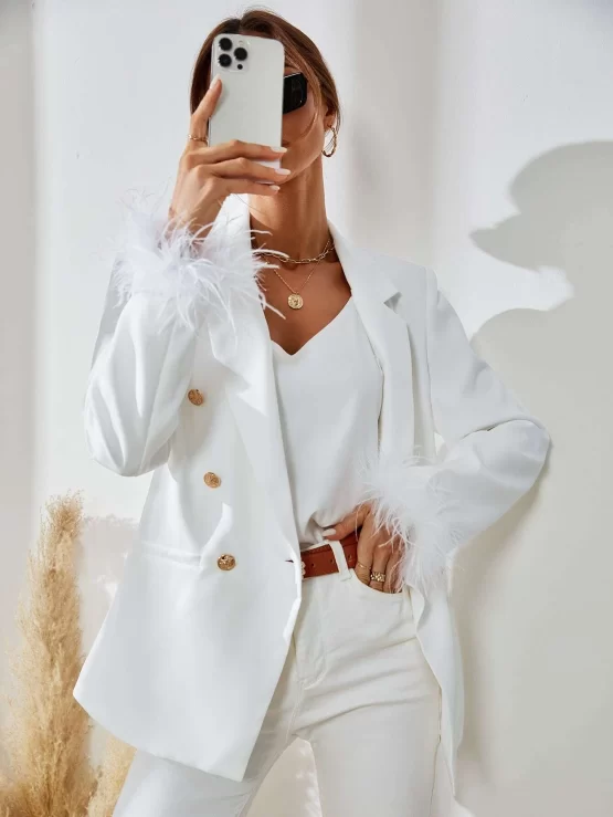 Contrast Fuzzy Trim Double Breasted Blazer