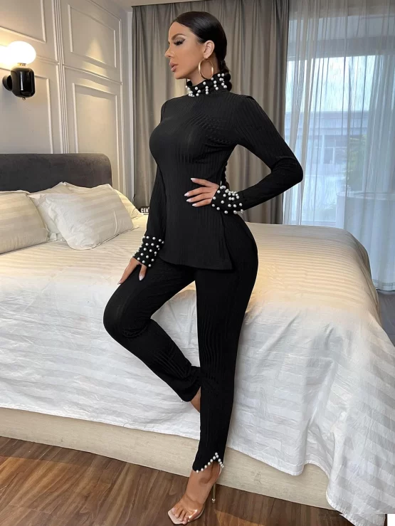 High Neck Pearls Beaded Split Hem Top & Leggings