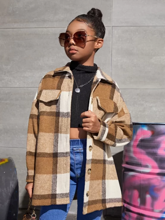 Girls Plaid Single Breasted Drop Shoulder Button Overcoat
