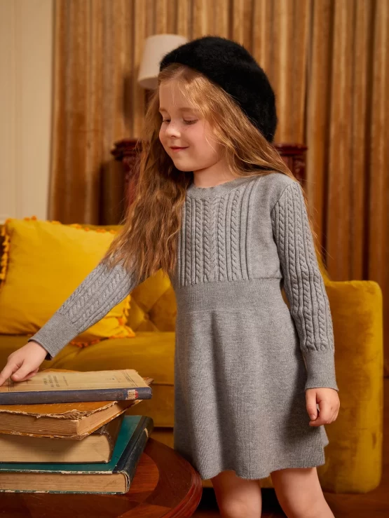 Toddler Girls Shirred Cable Knit Sweater Dress