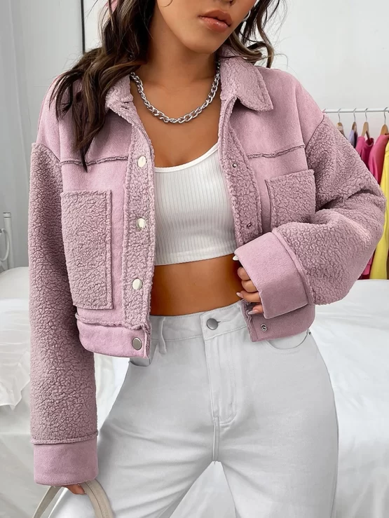 Snap Button Front Faux Suede Crop Jacket