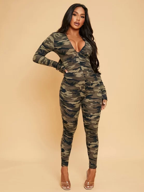 Camo Print Zip Up Unitard Skinny Jumpsuit