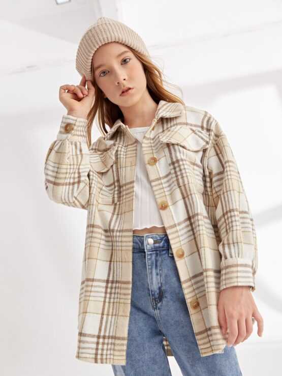 Girls Single Breasted Flap Pocket Plaid Button Coat