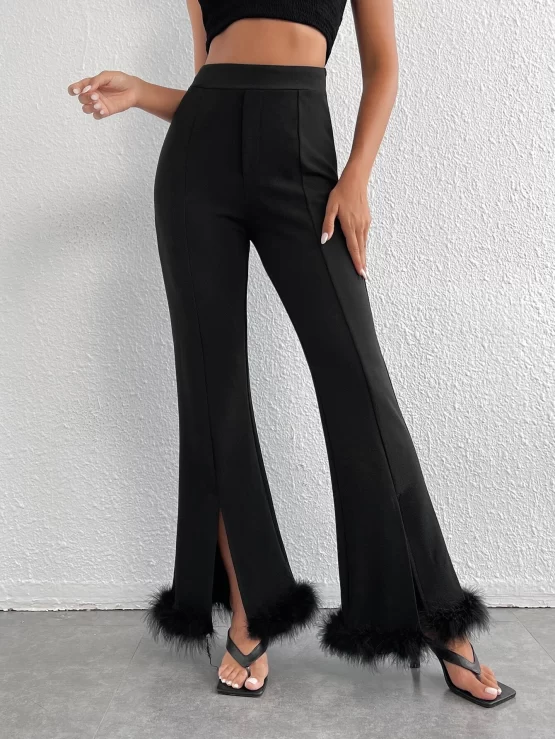 Fuzzy Trim Split Zipper Fly Hem Flare Leg Pants