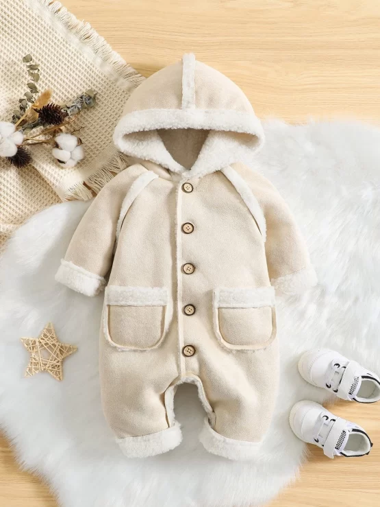 Baby Contrast Trim Raglan Hooded Teddy Lined Suedette Sleeve Jumpsuit