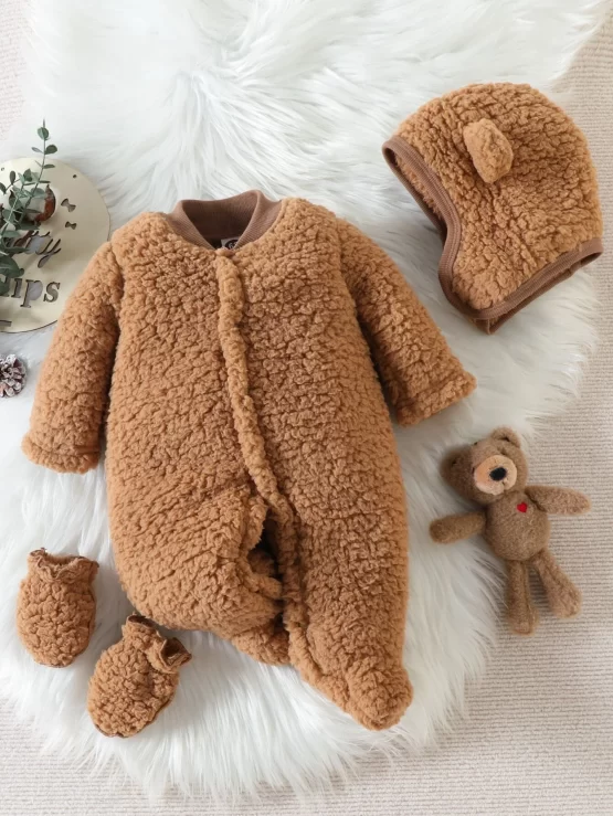 Baby Baseball Collar Footed Teddy Sleep Front Jumpsuit & Hat & Gloves
