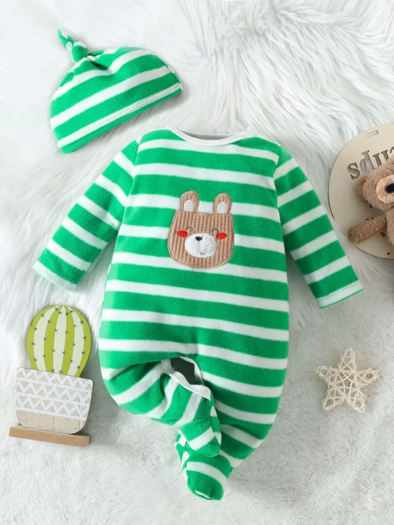 Baby Striped & Cartoon Footed Sleep Graphic Jumpsuit With Hat