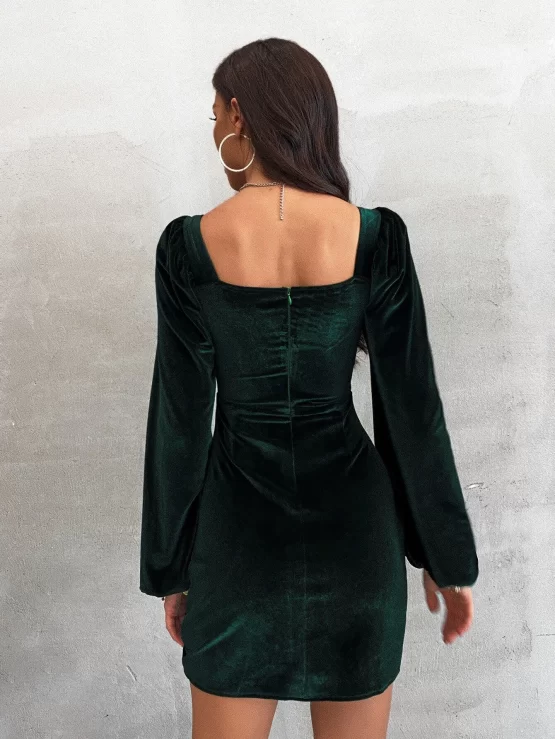Cut Out Knot Front Bishop Sleeve Velvet Dress - Image 2
