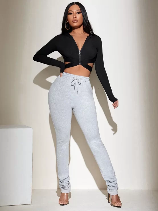 Solid Plain Zipper Up Crop Hooded Jacket - Image 2