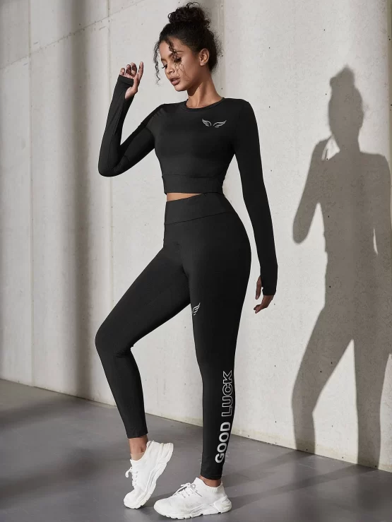 Thumb Holes Crop Tee & Slogan Graphic Leggings Sports Set - Image 4