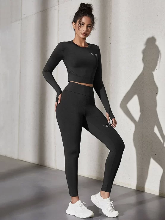 Thumb Holes Crop Tee & Slogan Graphic Leggings Sports Set - Image 5