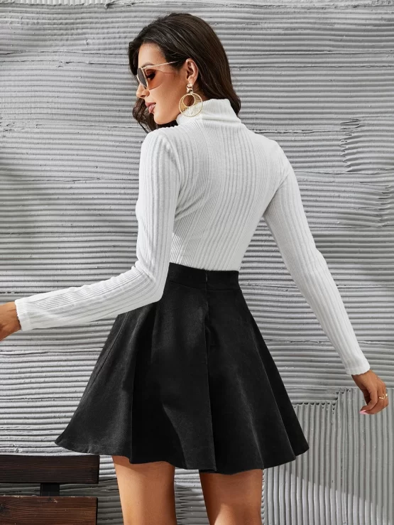 Turtleneck Zipper Ribbed Knit Tee & Flare Skirt - Image 3
