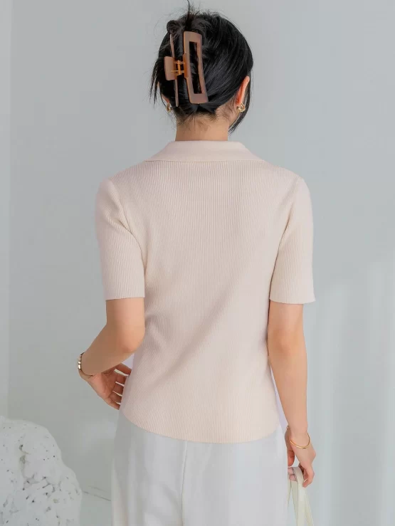 Dazy-Less Collar Solid Collared Rib Knit Top - Image 3