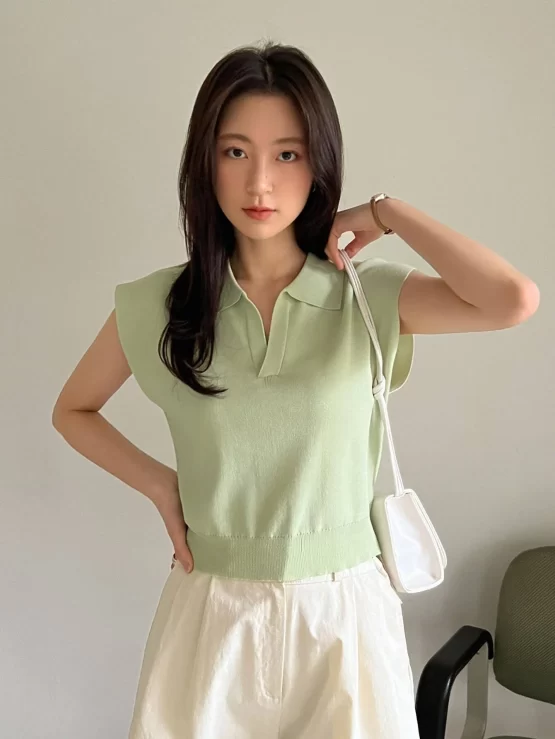 Dazy-Less Solid Shoulder Pad Rib Knit Top - Image 2