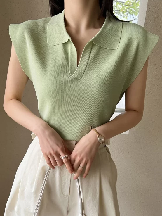 Dazy-Less Solid Shoulder Pad Rib Knit Top - Image 3